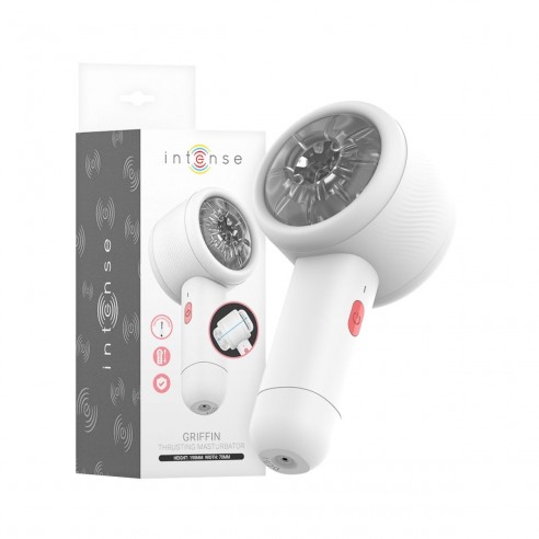 Presentación del Masturbador Griffin,  telescópico con función de empuje y silicona de calidad para un buen deslizamiento.